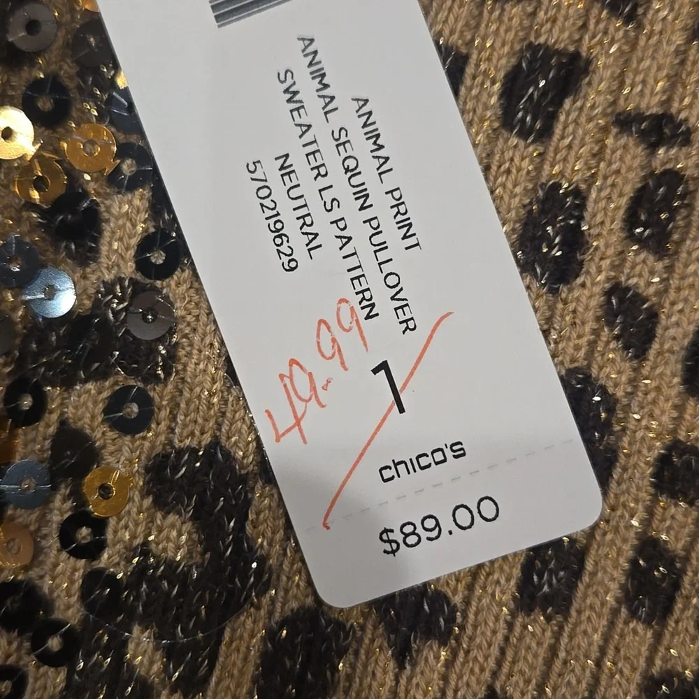 New Chico's Animal Print Sequin/Metallic Accent Vneck Sweater - Picture 4 of 9